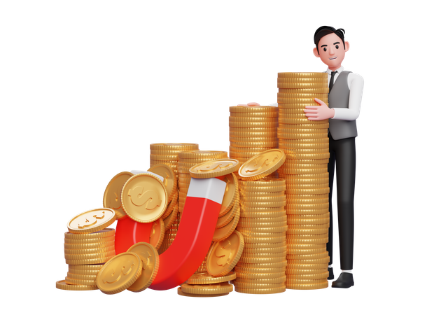 Empresário de colete cinza abraçando uma pilha de moedas de ouro capturadas por ímã  3D Illustration