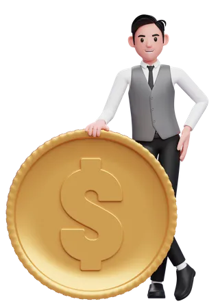 Empresário de colete cinza em pé com as pernas cruzadas e segurando uma moeda grande  3D Illustration