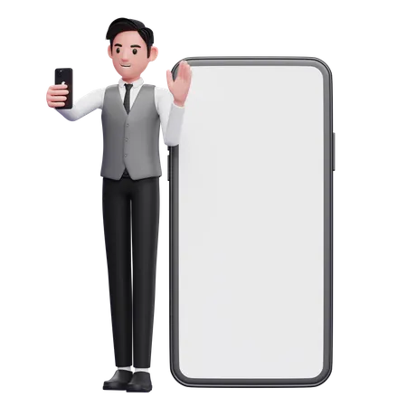 Empresário de colete cinza em pé enquanto faz videochamada e acena com a mão no fundo do telefone grande  3D Illustration