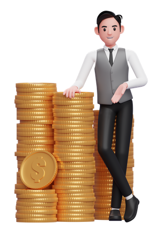 Empresário de colete cinza, gravata azul, de pé com pernas cruzadas e apoiado em uma pilha de moedas de ouro  3D Illustration