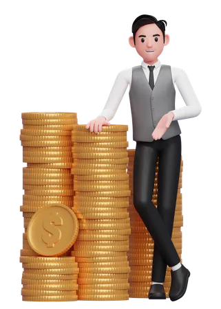 Empresário de colete cinza, gravata azul, de pé com pernas cruzadas e apoiado em uma pilha de moedas de ouro  3D Illustration