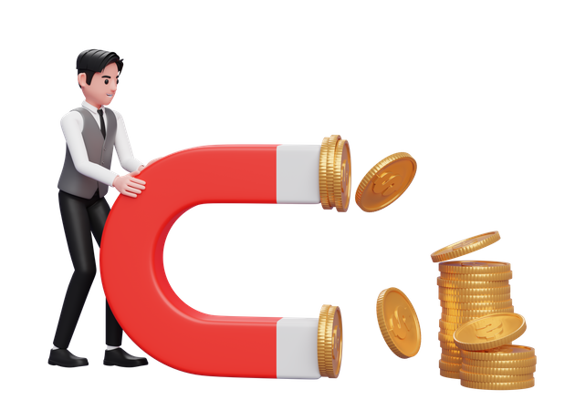 Empresário de colete cinza segura um grande ímã para atrair moedas  3D Icon