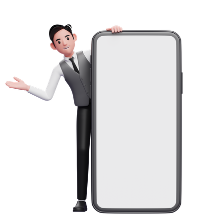 Empresário com colete cinza surge por trás de um grande telefone com as mãos abertas  3D Illustration