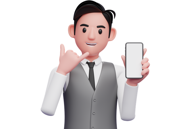 Empresário com colete cinza de escritório fazendo um gesto de dedo para me ligar mostrando o telefone  3D Illustration