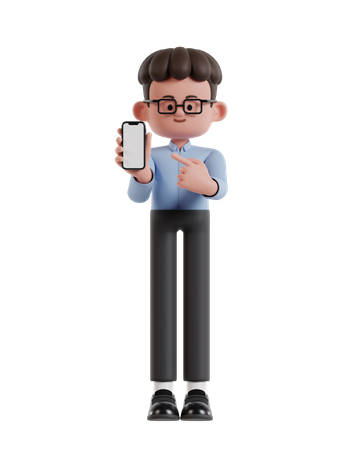 Empresario de pelo rizado mostrando la pantalla del teléfono celular  3D Illustration
