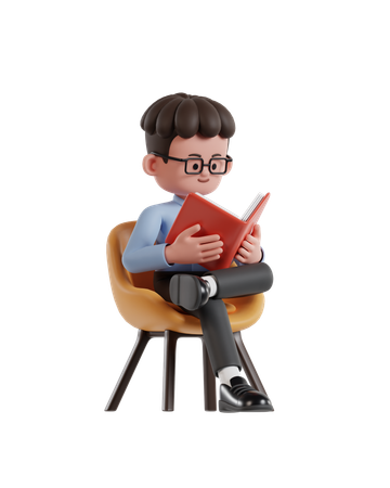 Empresario de pelo rizado sentado en una silla y leyendo un libro  3D Illustration