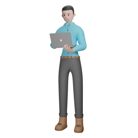 Hombre de negocios, posición, con, computador portatil  3D Illustration