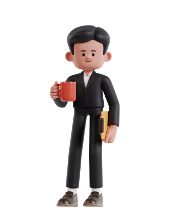 Empresario de pie sosteniendo una taza de café y un portapapeles  3D Illustration