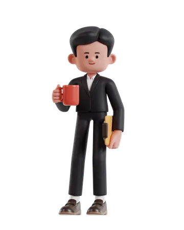 Empresario de pie sosteniendo una taza de café y un portapapeles  3D Illustration