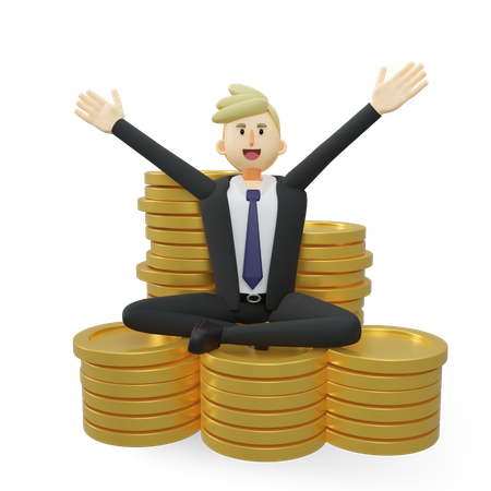 Empresário de sucesso sentado na pilha de moedas de ouro  3D Illustration