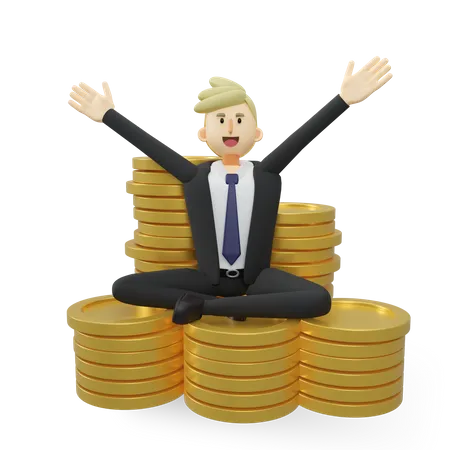 Empresário de sucesso sentado na pilha de moedas de ouro  3D Illustration