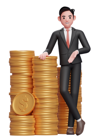 Empresário de terno formal, gravata azul, em pé com as pernas cruzadas e apoiando-se na pilha de moedas  3D Illustration