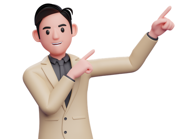 Empresário de terno marrom formal levantando as duas mãos apontando para o canto superior direito  3D Illustration