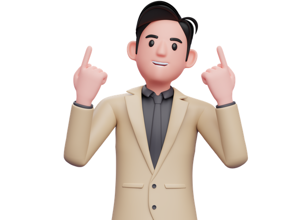 Empresário de terno marrom levanta os dois dedos indicadores e olha para cima  3D Illustration