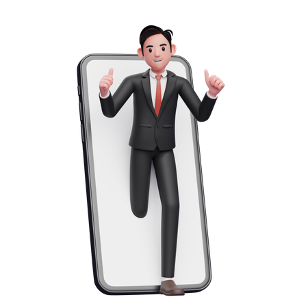 Empresário de terno formal preto aparece de dentro da tela do telefone e faz sinal de positivo  3D Illustration