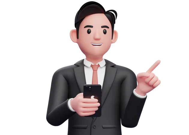 Empresário de terno formal preto apontando para o lado escolhendo o gesto e segurando um telefone  3D Illustration