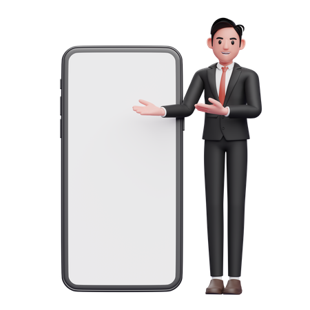 Empresário de terno formal preto apresentando um grande celular com tela branca  3D Illustration