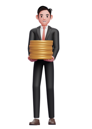 Empresário de terno formal preto carrega pilhas de moedas de ouro  3D Illustration