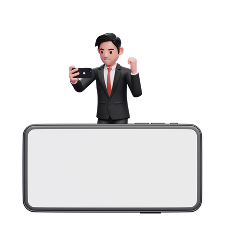 Empresário de terno formal preto comemorando enquanto olha a tela do telefone atrás da tela grande da paisagem do telefone  3D Illustration