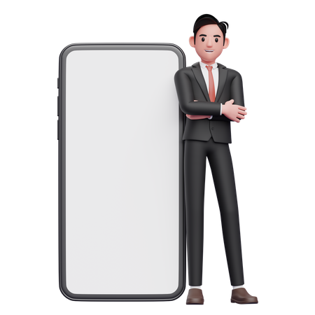 Empresário de terno formal preto cruza os braços e se apoia no celular com uma grande tela branca  3D Illustration