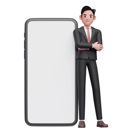 Empresário de terno formal preto cruza os braços e se apoia no celular com uma grande tela branca  3D Illustration