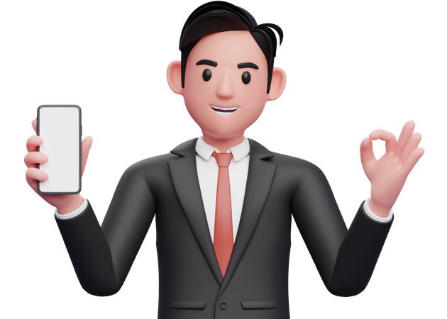 Empresário de terno formal preto dando o dedo ok e segurando um telefone celular  3D Illustration