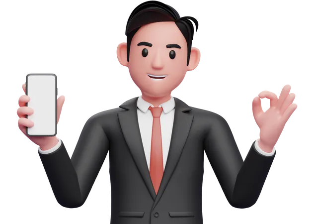 Empresário de terno formal preto dando o dedo ok e segurando um telefone celular  3D Illustration