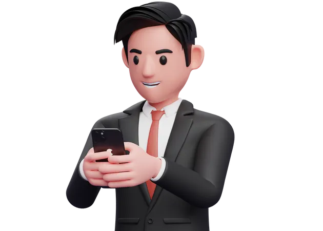 Empresário de terno formal preto digitando mensagem com telefone celular  3D Illustration