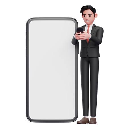 Empresário de terno formal preto digitando mensagem no celular com enfeite gigante de celular  3D Illustration