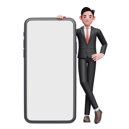 Empresário de terno formal preto ao lado de um grande telefone com tela branca com pernas cruzadas e mãos na cintura  3D Illustration