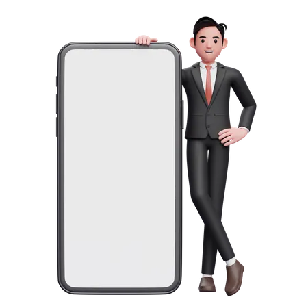 Empresário de terno formal preto ao lado de um grande telefone com tela branca com pernas cruzadas e mãos na cintura  3D Illustration