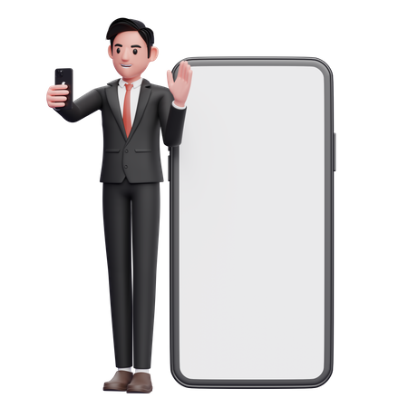 Empresário de terno formal preto em pé enquanto faz videochamada e acena com a mão no fundo do telefone grande  3D Illustration