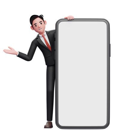 Empresário de terno formal preto surge por trás de um grande telefone com a mão aberta  3D Illustration