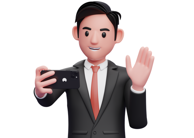 Empresário de terno formal preto faz uma videochamada acenando com a mão e diga olá  3D Illustration