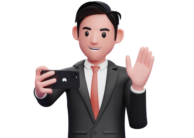 Empresário de terno formal preto faz uma videochamada acenando com a mão e diga olá  3D Illustration
