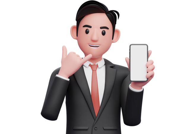 Empresário de terno formal preto fazendo um gesto de dedo para me ligar mostrando o telefone  3D Illustration