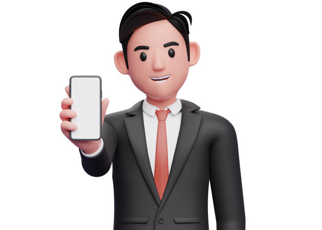 Empresário de terno formal preto mostrando a tela do telefone para a câmera  3D Illustration