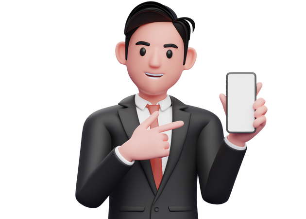 Empresário de terno formal preto segurando e apontando para a tela do telefone  3D Illustration