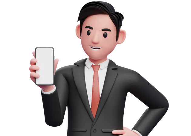 Empresário de terno formal preto segurando e olhando para o telefone e a mão esquerda na cintura  3D Illustration