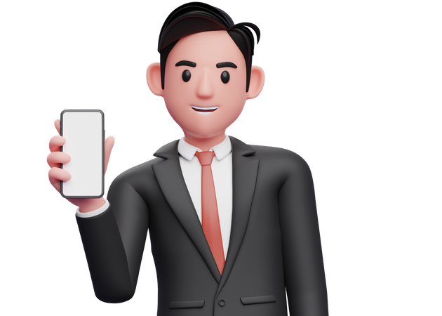 Empresário de terno formal preto segurando o telefone enquanto inclina o corpo  3D Illustration
