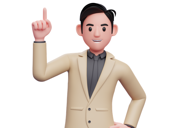 Empresario de traje marrón apuntando hacia arriba con el dedo índice  3D Icon