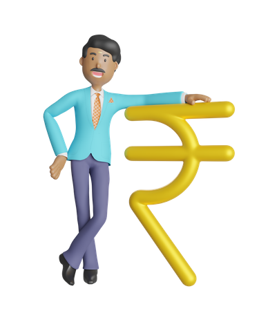 Empresario del sur de la India apoyándose en la rupia, el símbolo de la moneda india  3D Illustration