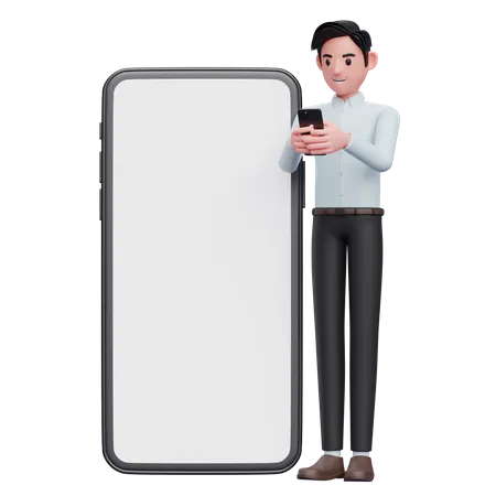 Empresario De Camisa Azul Digitando Mensagem No Smartphone Ilustracao 3 D Do Empresario Segurando O Telefone 3D Illustration