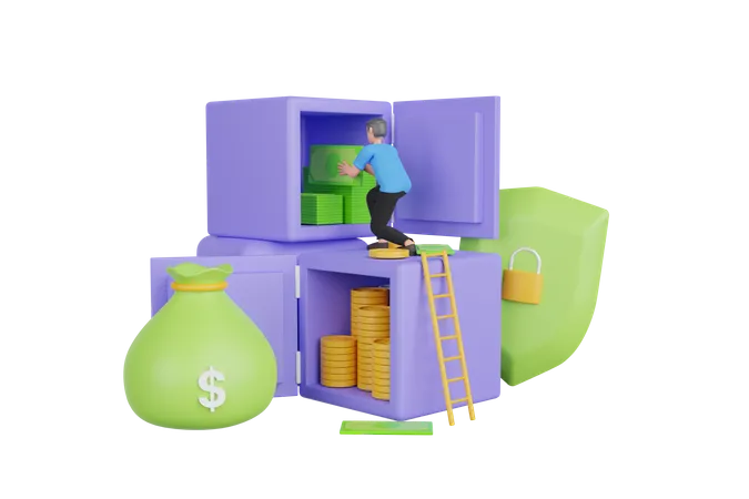 Empresário economizando dinheiro em caixa de depósito  3D Illustration