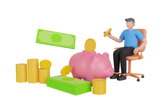 Empresário economizando dinheiro no cofrinho  3D Illustration
