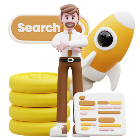Empresário em pé com startup financeira  3D Illustration