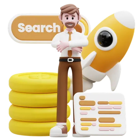 Empresário em pé com startup financeira  3D Illustration