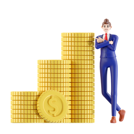 Empresário em pé ao lado de lotes de moedas  3D Illustration