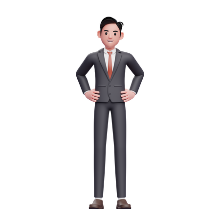 Hombre de negocios, en, traje formal, mano, en, cintura, gesto  3D Illustration