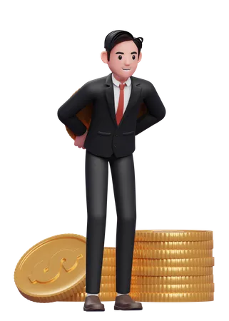 Empresario con traje formal llevando una moneda gigante en la espalda  3D Illustration